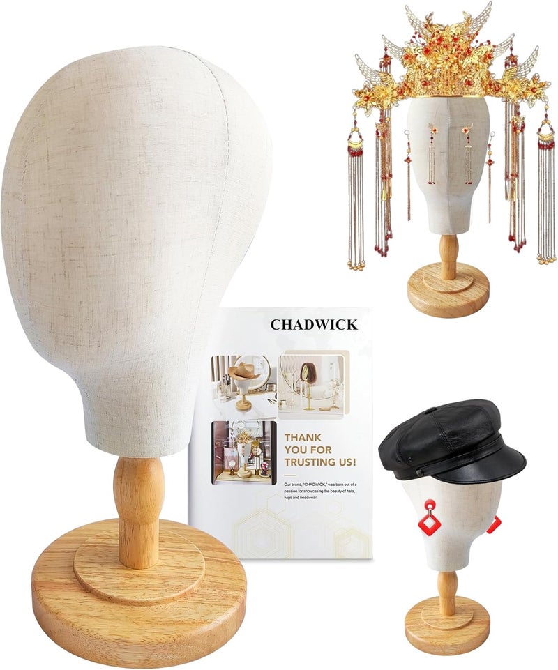 CHADWICK Canvas Wig Head Stand with Detachable Wood Stand - Great for Hats, Caps Display and Wig Making, 21Inch Mannequin Head Block, Dome Model Head, Helmet Jewelry Glasses Headband Display - Image 1